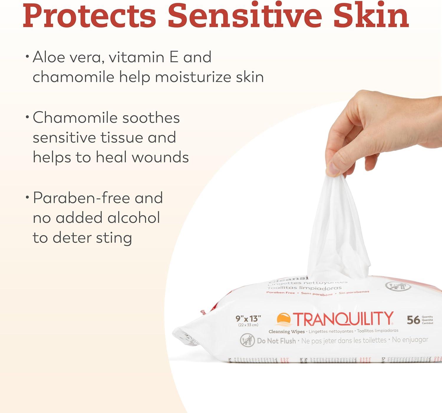 image:imageTranquility Cleansing Wipes Adult Size Disposable Wet Washcloths Enriched with Aloe Vera Chamomille amp Vitamin E Hypoallergenic AlcoholFree Mild Scented 9x13 56ct Bag Case of 12