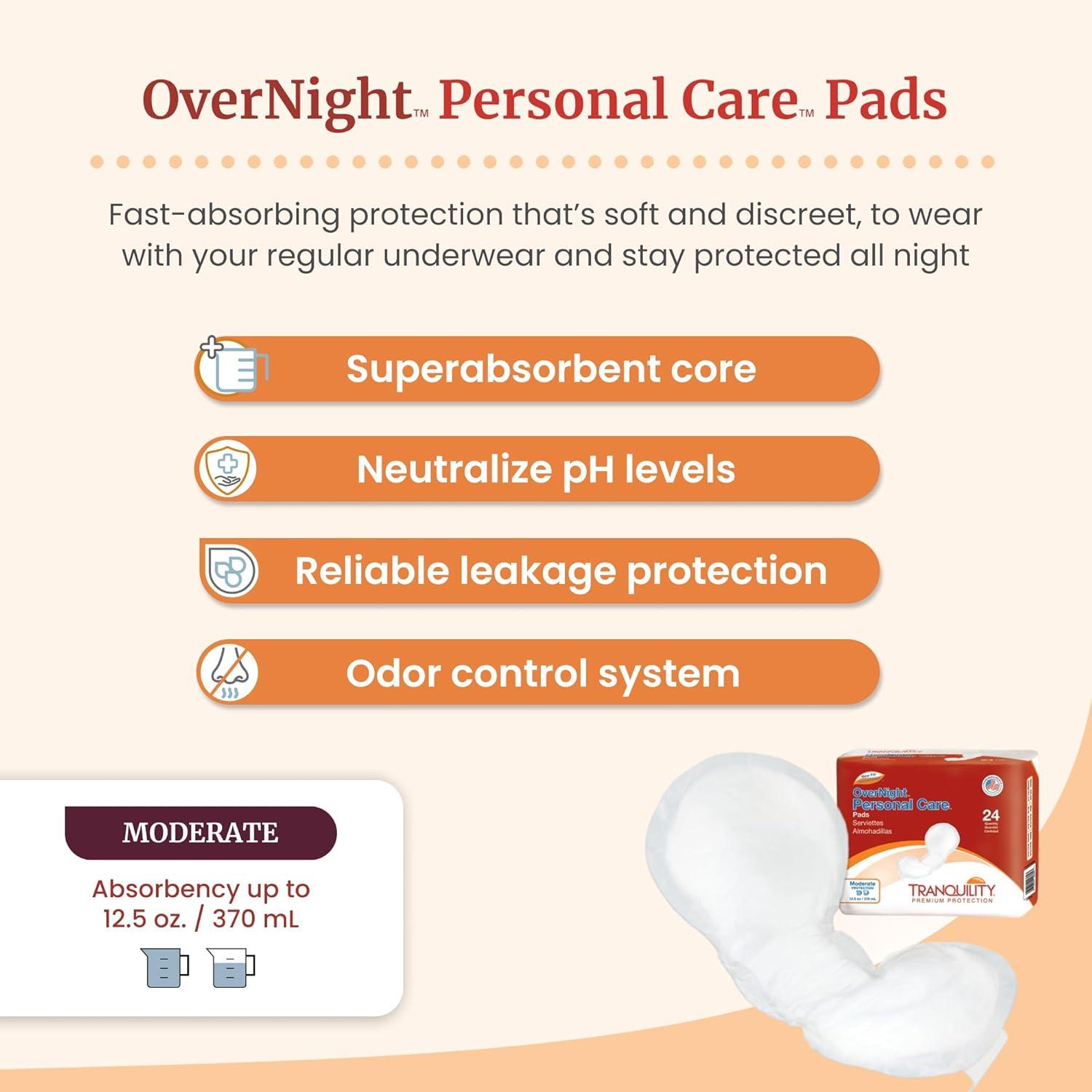 image:imageTranquility Incontinence Personal Care Pads Overnight Protection Promote Dryness and Protect Against Leakage Soft Lining amp Adhesive Strip for Secure Fit in Underwear 125oz Capacity 96ct CaseOvernight Pack of 24