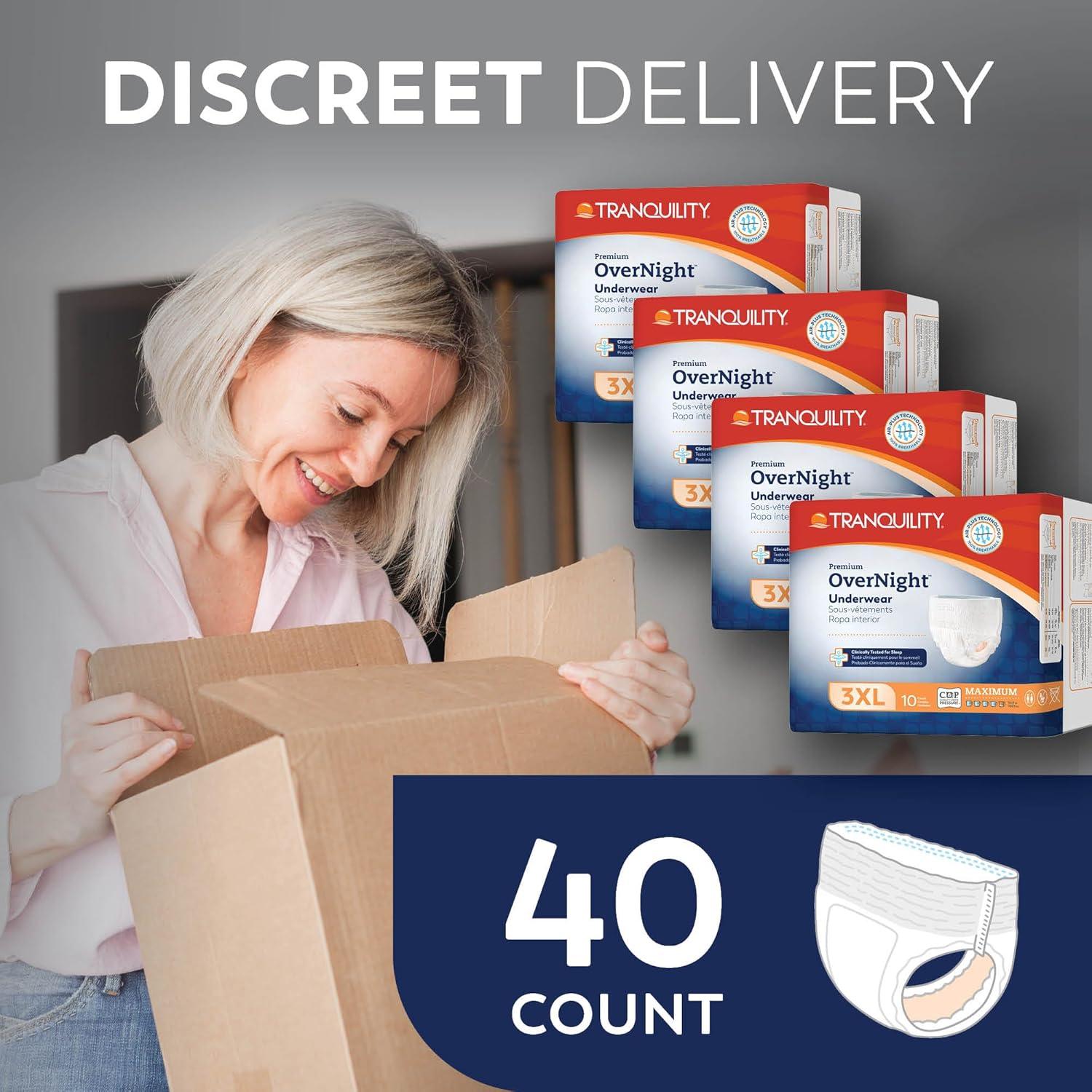 image:imageTranquility Premium OverNight Disposable Absorbent Underwear 48 Count 2XL 6280 in Waist Maximum Absorbency AllNight Sleep Breathable Comfort 48 Adult Diapers3XLarge 40 Count