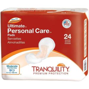 Tranquility Incontinence Personal Care Pads, Overnight Protection, Promote Dryness and Protect Against Leakage, Soft Lining & Adhesive Strip for Secure Fit in Underwear, 12.5oz Capacity, 96ct Case(Ultimate (Pack of 24))