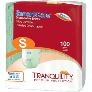 Tranquility SmartCore Adult Disposable Briefs, Incontinence Control with Breathable Kufguard Technology, Fastening Tabs & Wetness Indicator, Latex-Free, Adult Large, 34oz Capacity, 96ct Case(Small (100 Count))