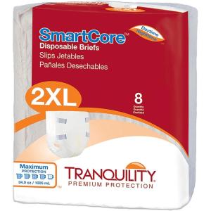 Tranquility SmartCore Adult Disposable Briefs, Incontinence Control with Breathable Kufguard Technology, Fastening Tabs & Wetness Indicator, Latex-Free, Adult Large, 34oz Capacity, 96ct Case(2X-Large (8 Count))